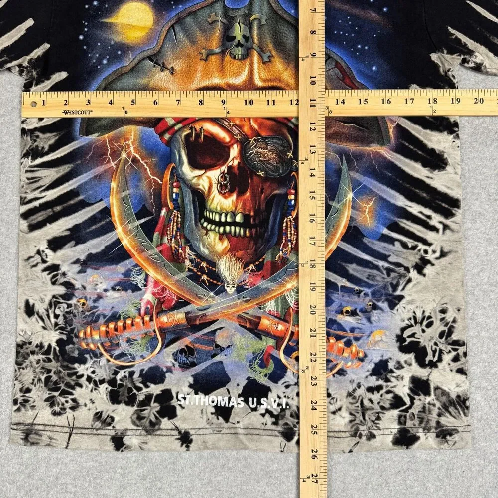 Vintage Liquid Blue Style Tie Dye V Pattern Pirate Skull Sword T Shirt - M